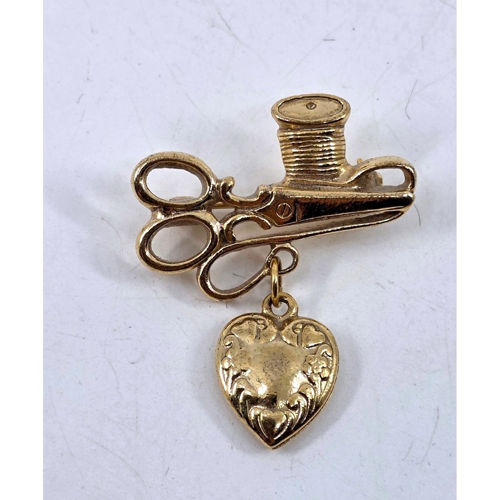 Vintage Gold Tone Sewing Brooch Scissors Spool Thread Dangle Heart Charm Pin